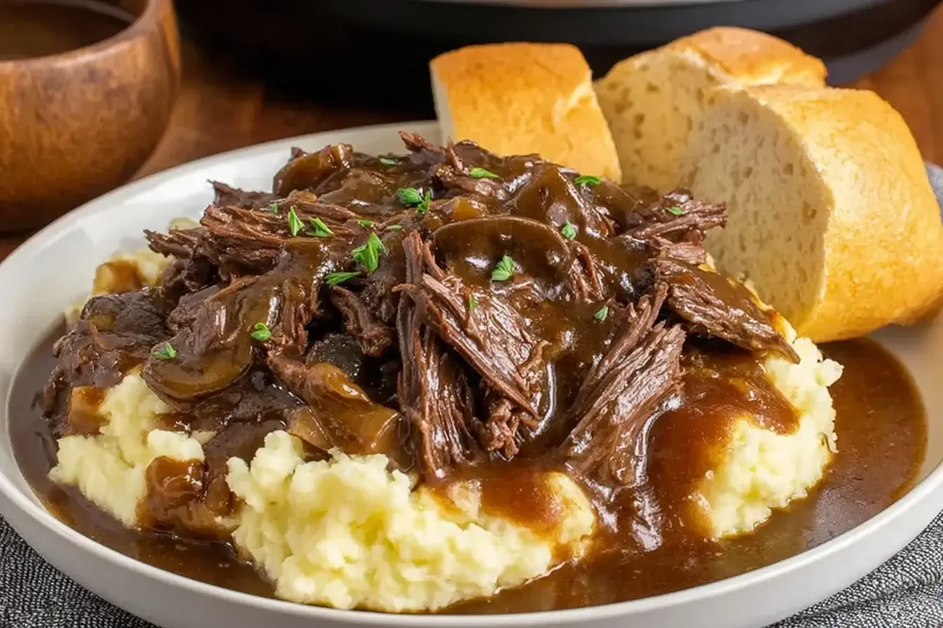 Slow Cooker Beef Manhattan served over mashed potatoes with rich brown gravy and bread slices on the side.