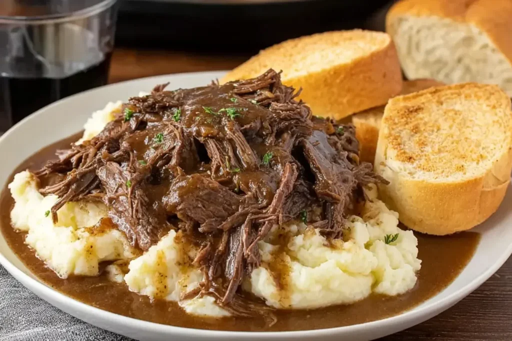 Slow Cooker Beef Manhattan with shredded beef and brown gravy over mashed potatoes, served with toasted bread slices.