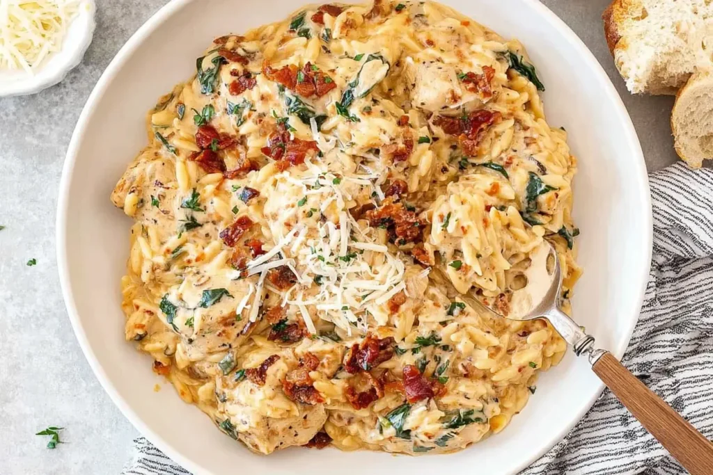 Slow Cooker Creamy Tuscan Chicken Orzo served in a white bowl, topped with Parmesan, crispy bacon, and fresh herbs.