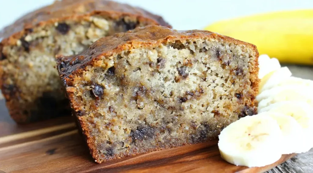Moist Crockpot Banana Bread slice with chocolate chips and banana slices