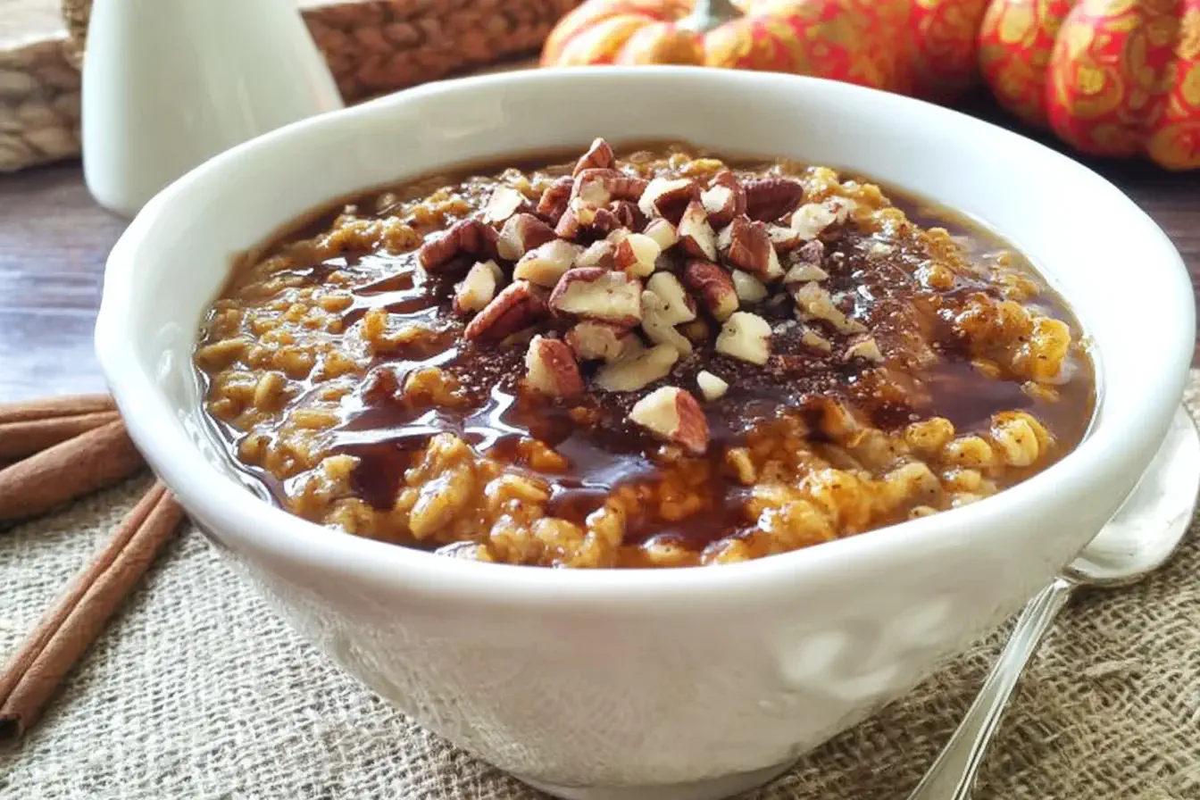 Slow Cooker Pumpkin Maple Oatmeal topped with chopped pecans and maple syrup in a white bowl