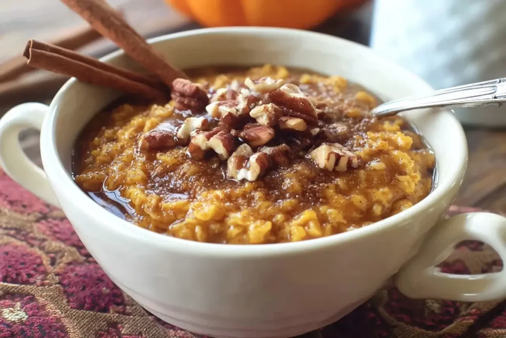 Bowl of Slow Cooker Pumpkin Maple Oatmeal topped with pecans and cinnamon sticks