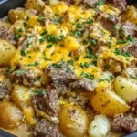 Slow Cooker Steak and Cheddar Potato Casserole with tender steak cubes, melted cheddar cheese, and golden potatoes in a savory sauce.