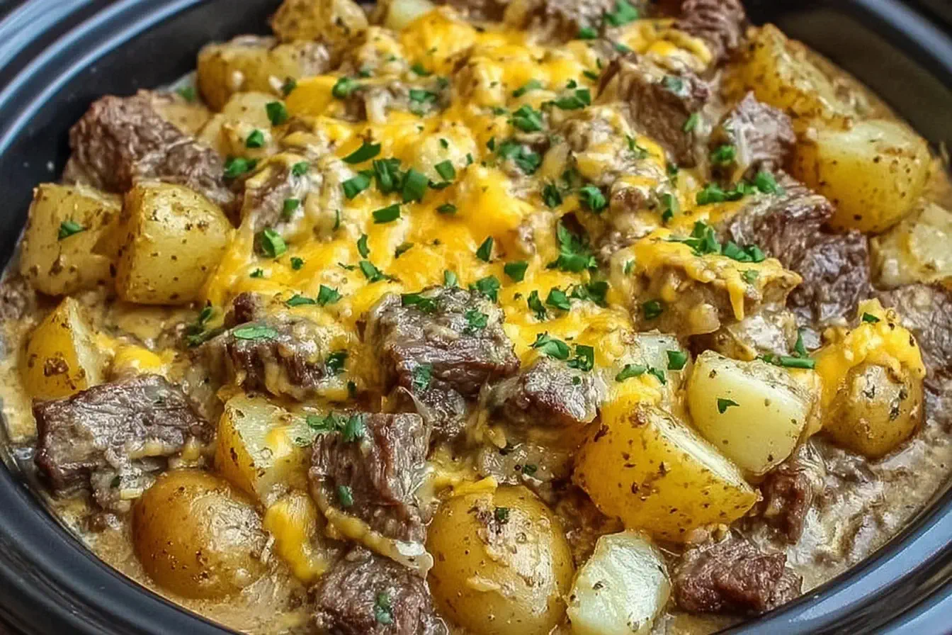 Slow Cooker Steak and Cheddar Potato Casserole with tender steak cubes, melted cheddar cheese, and golden potatoes in a savory sauce.