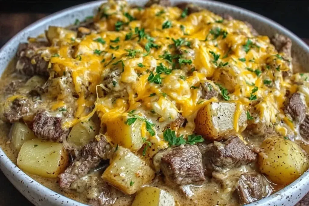 Slow Cooker Steak and Cheddar Potato Casserole with tender steak chunks, melted cheddar cheese, and golden potatoes in a creamy sauce.