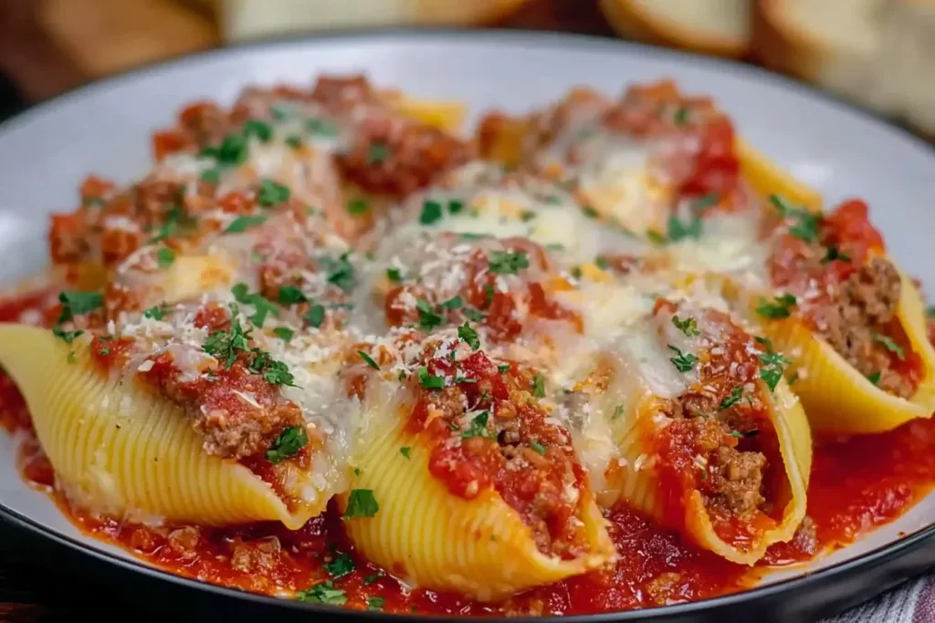 Slow Cooker Stuffed Shells with Meat served on a plate with marinara sauce, melted cheese, and fresh parsley.