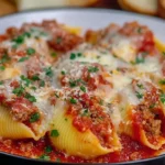 Slow Cooker Stuffed Shells with Meat served on a plate with marinara sauce, melted cheese, and fresh parsley.
