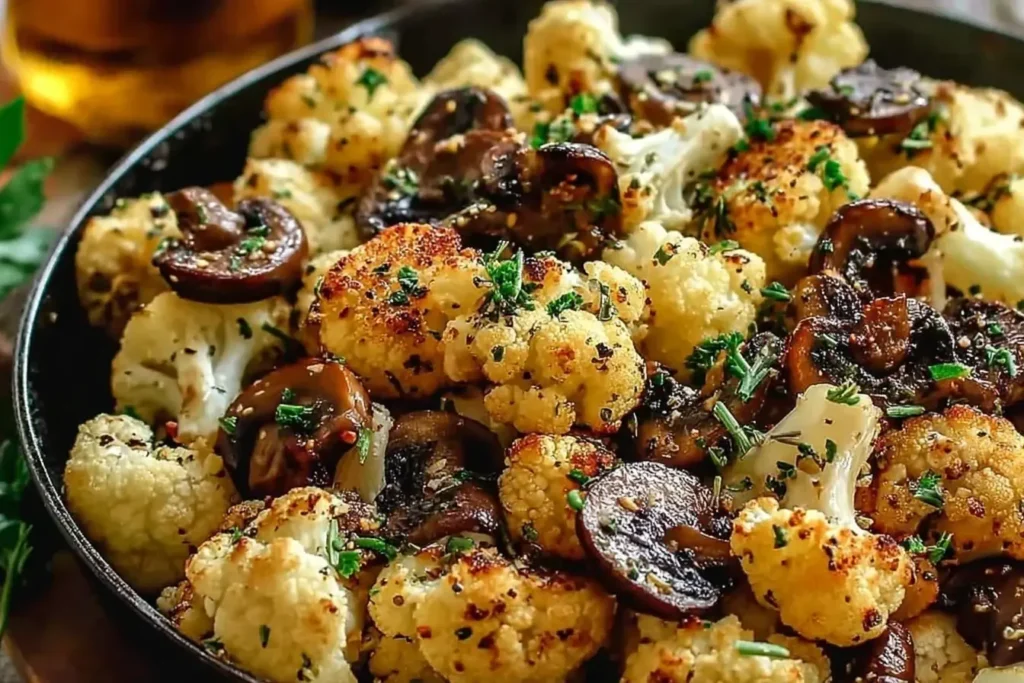 Garlic Cauliflower Mushroom Skillet with golden roasted cauliflower, sautéed mushrooms, and fresh herbs in a cast-iron pan.