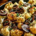 Garlic Cauliflower Mushroom Skillet with golden roasted cauliflower, sautéed mushrooms, and fresh herbs in a cast-iron pan.