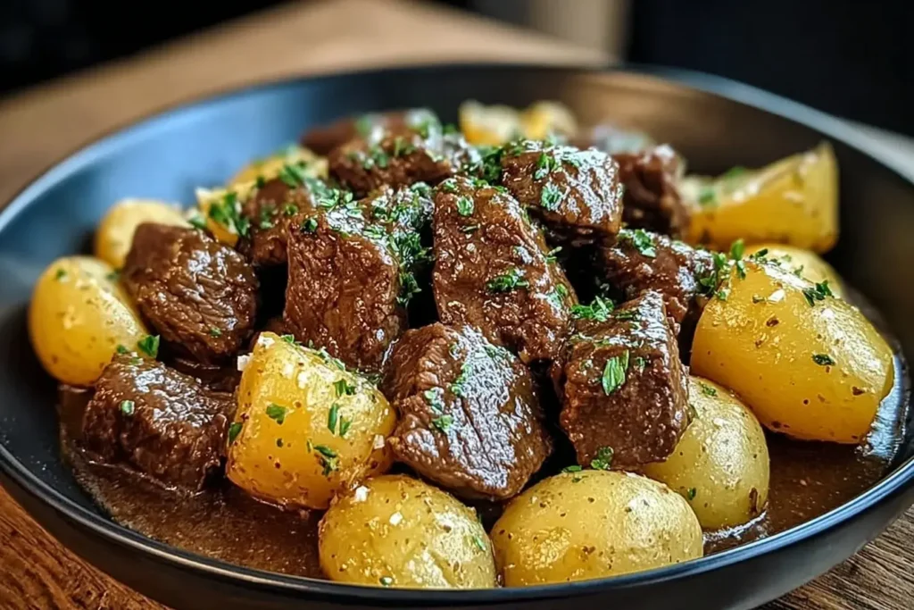 Tender Slow Cooker Garlic Butter Beef Bites and Potatoes served in a dark bowl, topped with fresh herbs.
