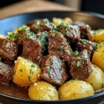 Tender Slow Cooker Garlic Butter Beef Bites and Potatoes served in a dark bowl, topped with fresh herbs.