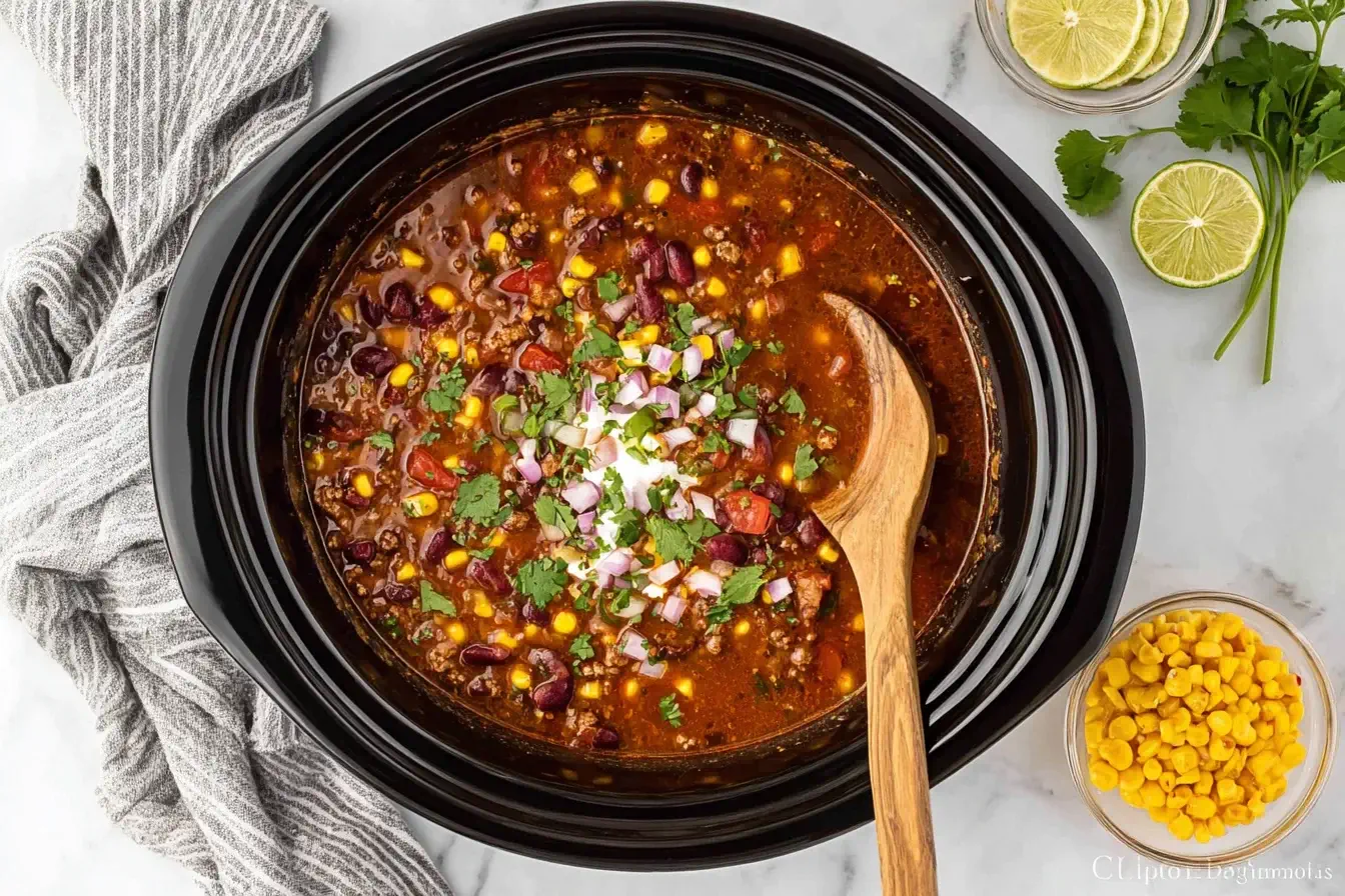 Hearty slow cooker Taco Soup topped with sour cream, red onions, and cilantro, served with lime and corn on the side.