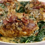 Easy Slow Cooker Tuscan Chicken with spinach, creamy garlic sauce, and crispy bacon
