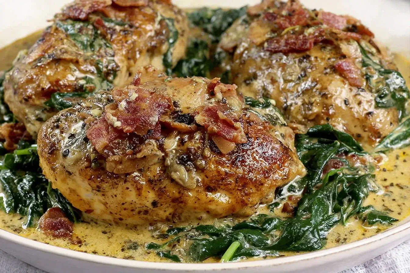 Easy Slow Cooker Tuscan Chicken with spinach, creamy garlic sauce, and crispy bacon