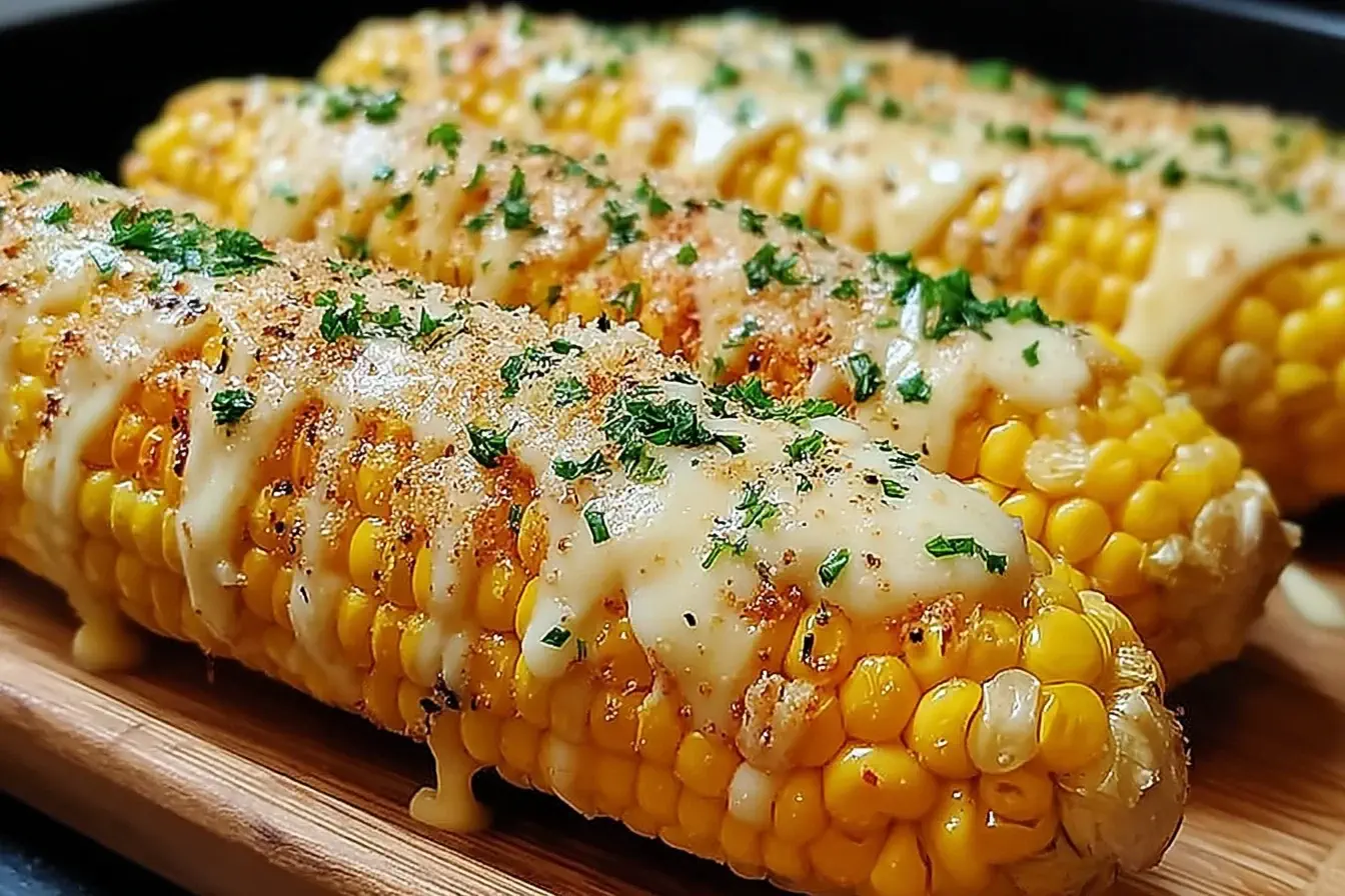 Cheesy Garlic Butter Corn on the Cob topped with melted Parmesan and fresh parsley.