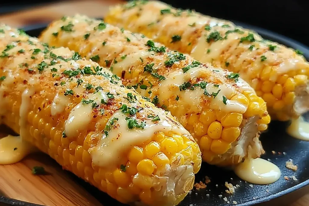 Cheesy Garlic Butter Corn on the Cob with melted cheese and parsley on a black plate.