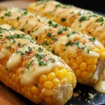 Cheesy Garlic Butter Corn on the Cob with melted cheese and parsley on a black plate.