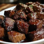 Crockpot Steak Bites coated in rich sauce and served on a white plate, garnished with sesame seeds and herbs.