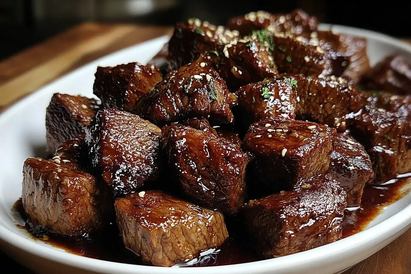 Crockpot Steak Bites coated in rich sauce and served on a white plate, garnished with sesame seeds and herbs.