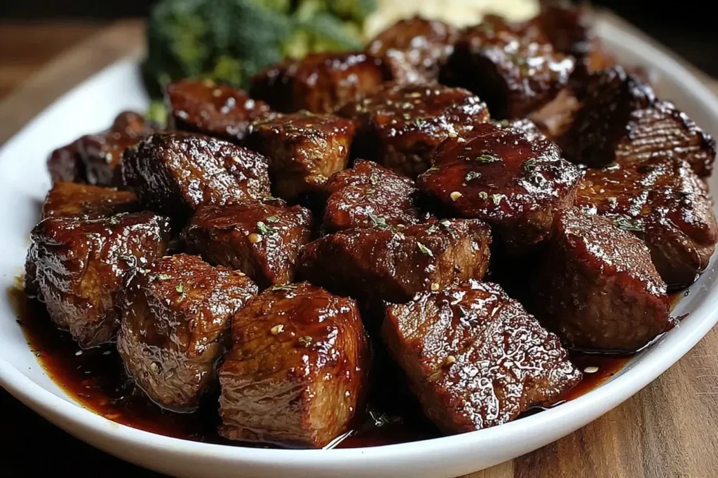 Crockpot Steak Bites served on a white plate, coated in a rich savory sauce with herbs.