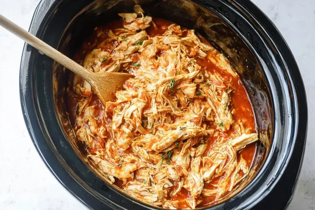 Slow Cooker Chicken Burrito Bowl shredded chicken simmering in salsa