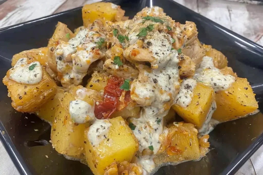 Slow Cooker Parmesan Garlic Chicken and Potatoes served with creamy sauce and herbs on a black plate