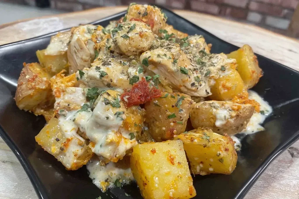 Slow Cooker Parmesan Garlic Chicken and Potatoes served on a black plate with herbs and melted cheese