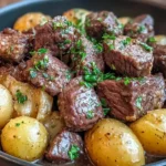 Garlic Butter Beef Bites and Potatoes in a bowl with tender beef chunks and golden baby potatoes topped with fresh parsley.