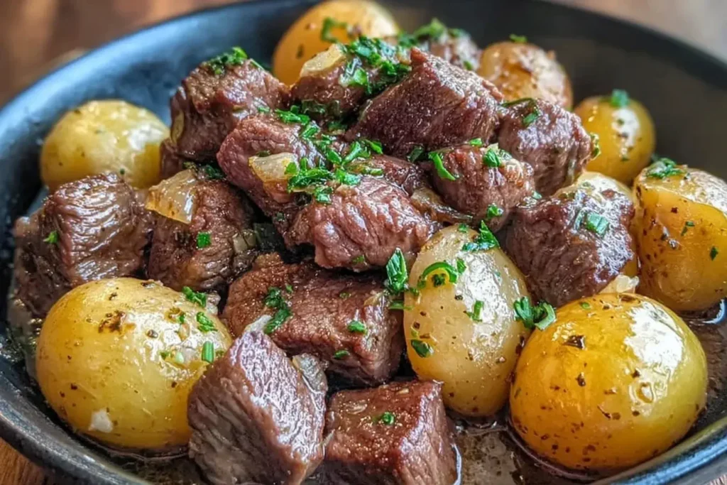 Garlic Butter Beef Bites and Potatoes served in a bowl with tender beef chunks and golden baby potatoes topped with fresh herbs.