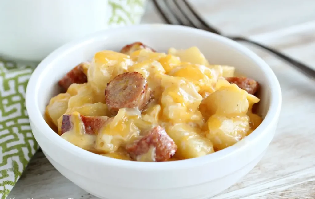 Close-up of Slow Cooker Sausage and Potato Casserole in a white bowl, filled with cheesy potatoes and sliced kielbasa.