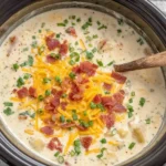 Crockpot Potato Soup in a slow cooker topped with cheddar, bacon, and green onions
