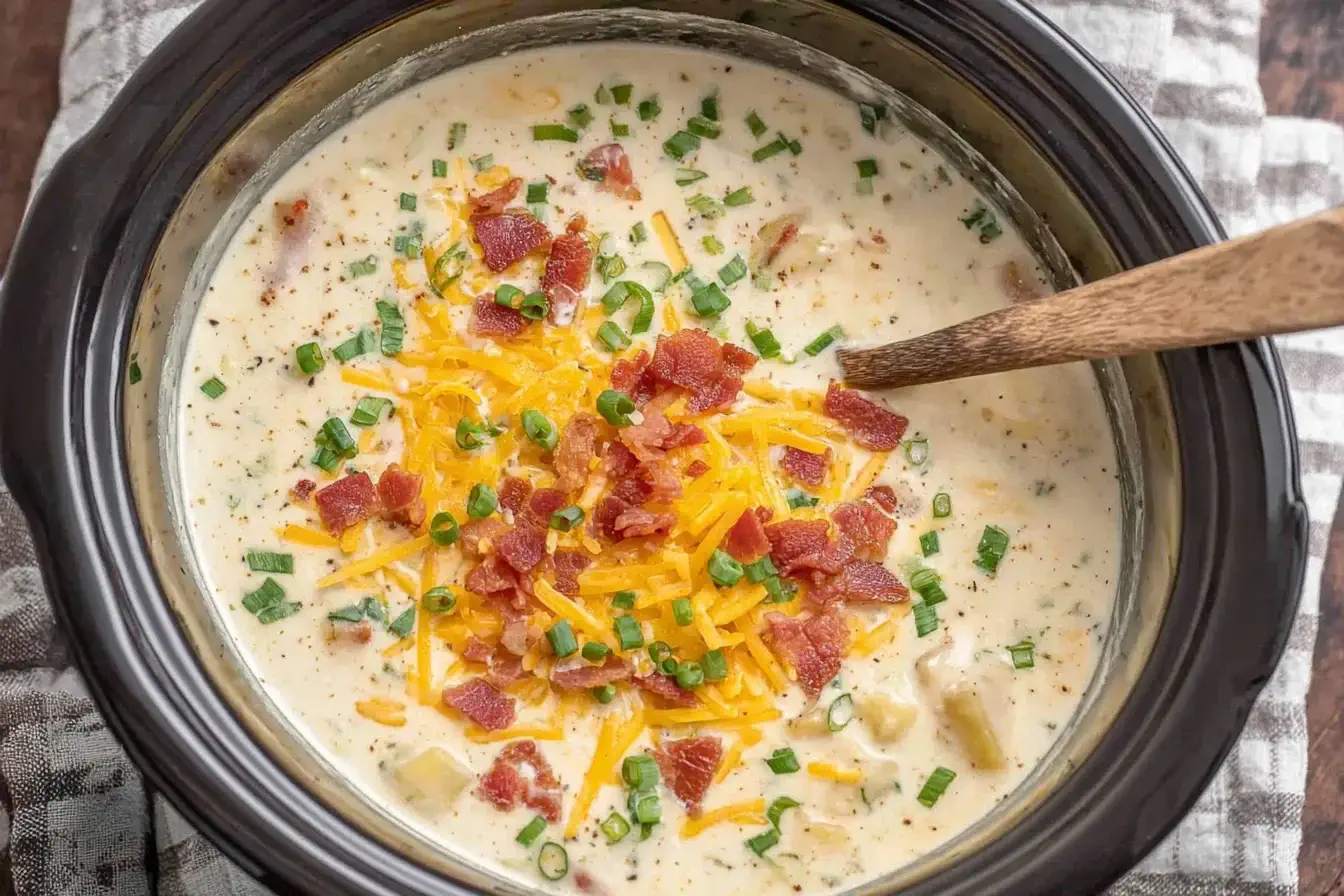 Crockpot Potato Soup in a slow cooker topped with cheddar, bacon, and green onions