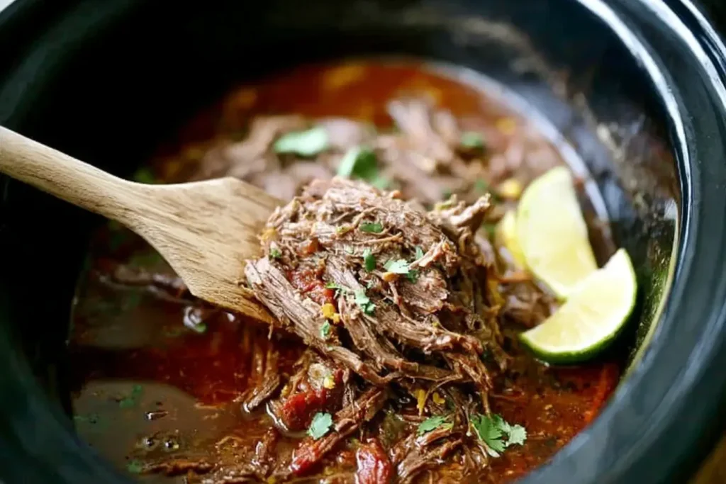 Easy Slow Cooker Barbacoa beef being lifted from rich sauce in a crockpot with lime wedges and cilantro.