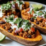 Ground Turkey Stuffed Sweet Potatoes filled with seasoned turkey, black beans, tomatoes, and cilantro, topped with sour cream and lime wedges.