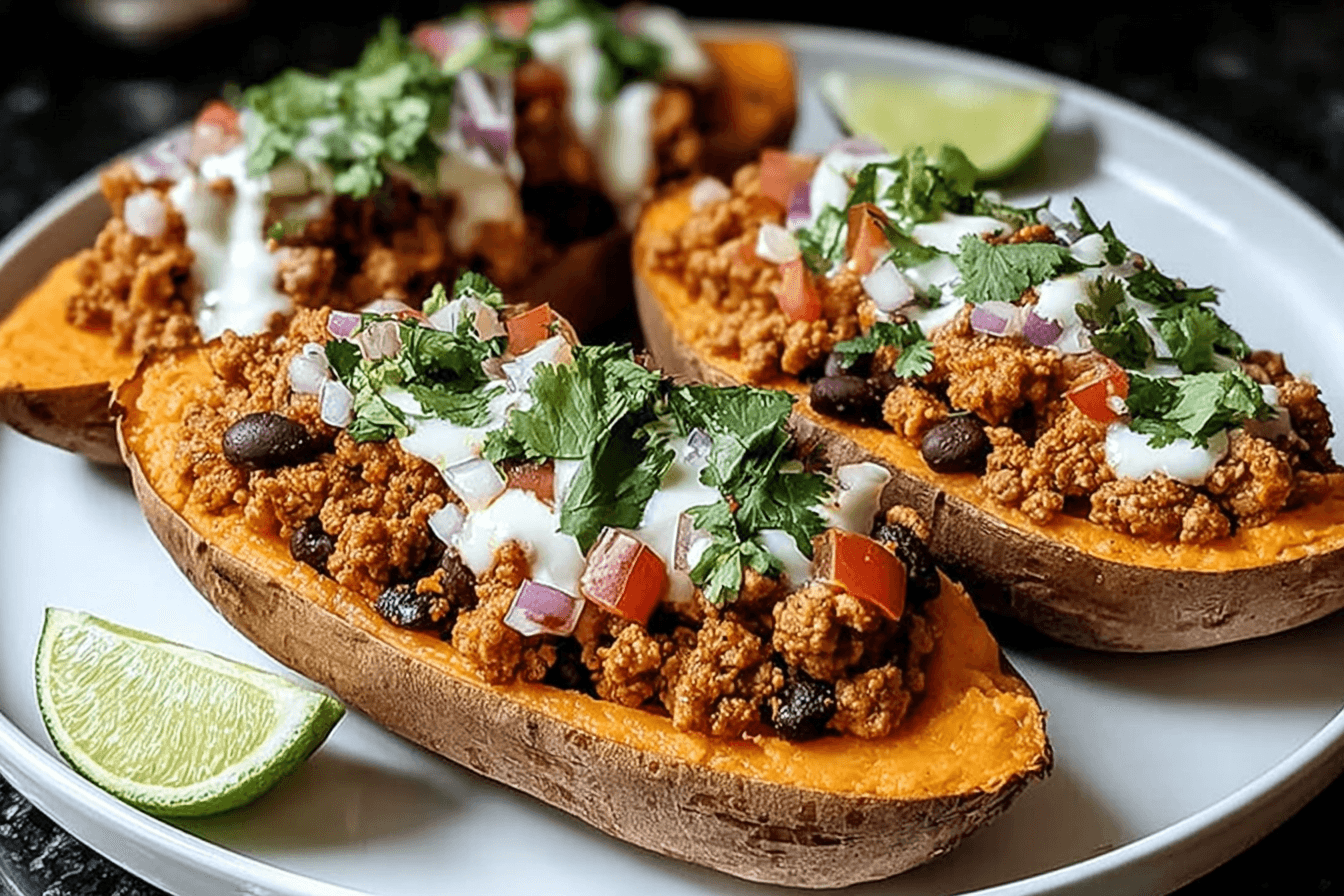 Ground Turkey Stuffed Sweet Potatoes filled with seasoned turkey, black beans, tomatoes, and cilantro, topped with sour cream and lime wedges.