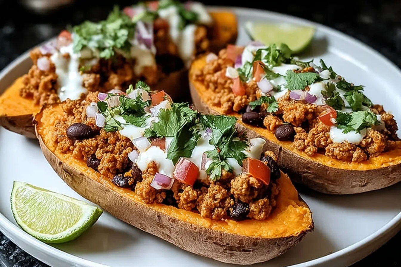 Ground Turkey Stuffed Sweet Potatoes filled with seasoned turkey, black beans, tomatoes, and cilantro, topped with sour cream and lime wedges.