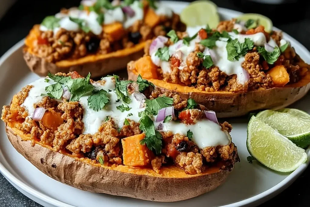 Ground Turkey Stuffed Sweet Potatoes topped with melted cheese, cilantro, and onions, served with lime wedges on a white plate.