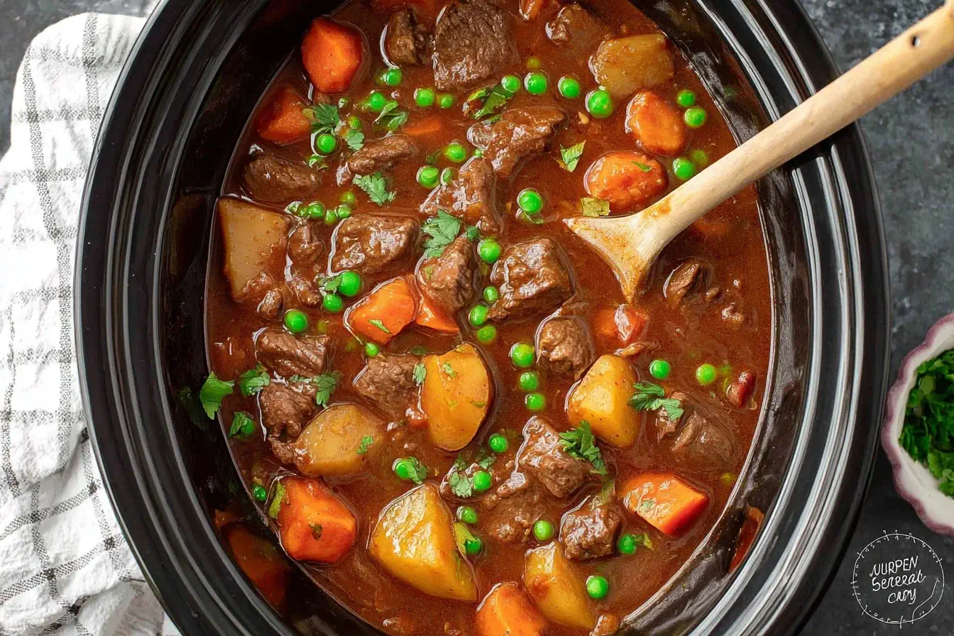 Hearty slow cooker beef stew with potatoes, carrots, peas, and chunks of tender beef in a rich broth, served straight from the crockpot.