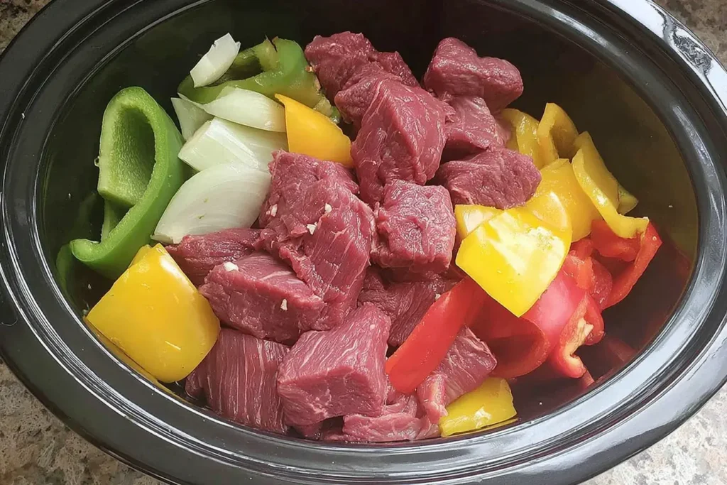 Raw ingredients for Slow Cooker Pepper Steak with colorful bell peppers, onions, and beef sirloin in a black slow cooker.