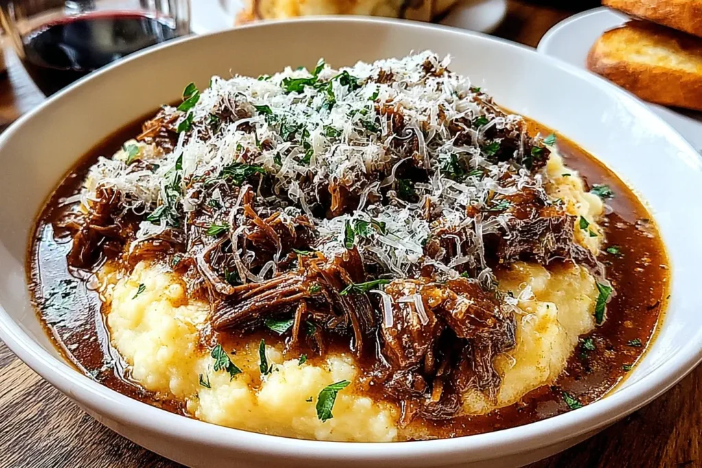 Short Rib Ragu with Parmesan Mashed Potatoe in a white bowl, topped with shredded Parmesan and parsley.