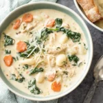 Bowl of Creamy Crockpot Chicken Gnocchi Soup with carrots, spinach, and gnocchi, served with crusty bread.