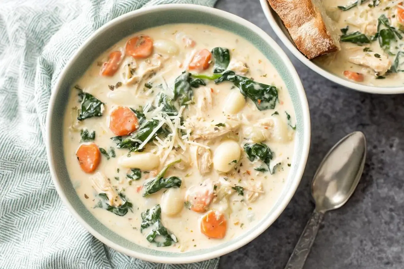 Bowl of Creamy Crockpot Chicken Gnocchi Soup with carrots, spinach, and gnocchi, served with crusty bread.