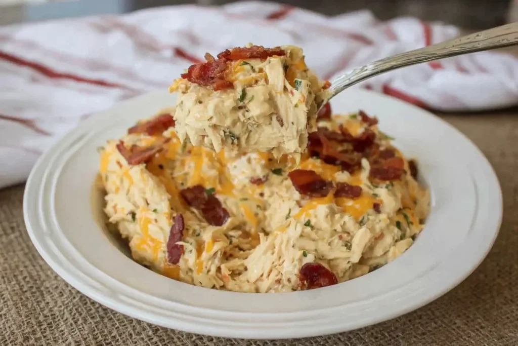 A serving of Keto Crack Chicken in the Crock Pot topped with melted cheddar and crispy bacon, being scooped from a white bowl.