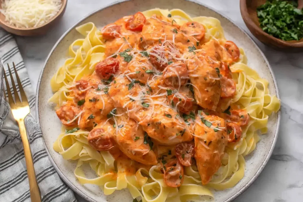 Tender chicken breasts simmered in a creamy tomato basil sauce, slow cooked to perfection and finished with melted cheese and fresh basil. A cozy meal made effortlessly.
