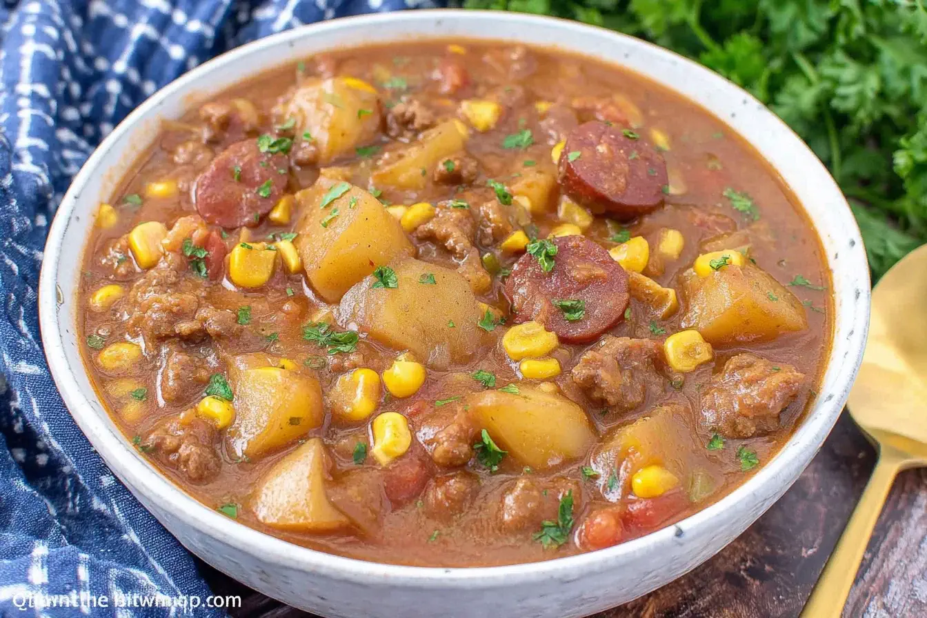 Hearty cowboy stew with potatoes, sausage, corn, and ground beef in a rich tomato broth, served in a white bowl.