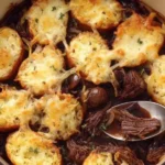 French Onion Pot Roast in a red Dutch oven with cheesy baguette slices on top of tender shredded beef and rich onion broth.