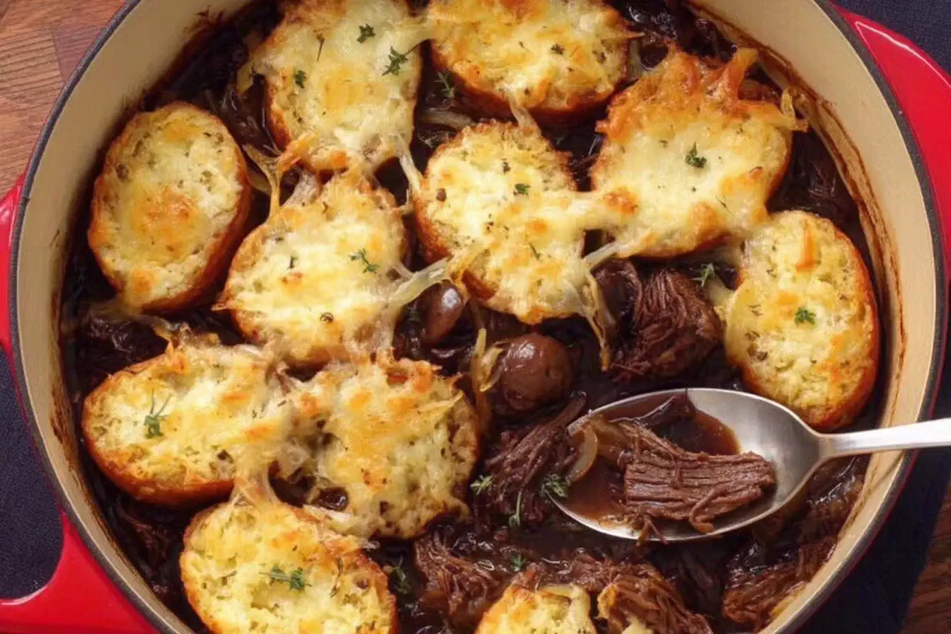 French Onion Pot Roast in a red Dutch oven with cheesy baguette slices on top of tender shredded beef and rich onion broth.