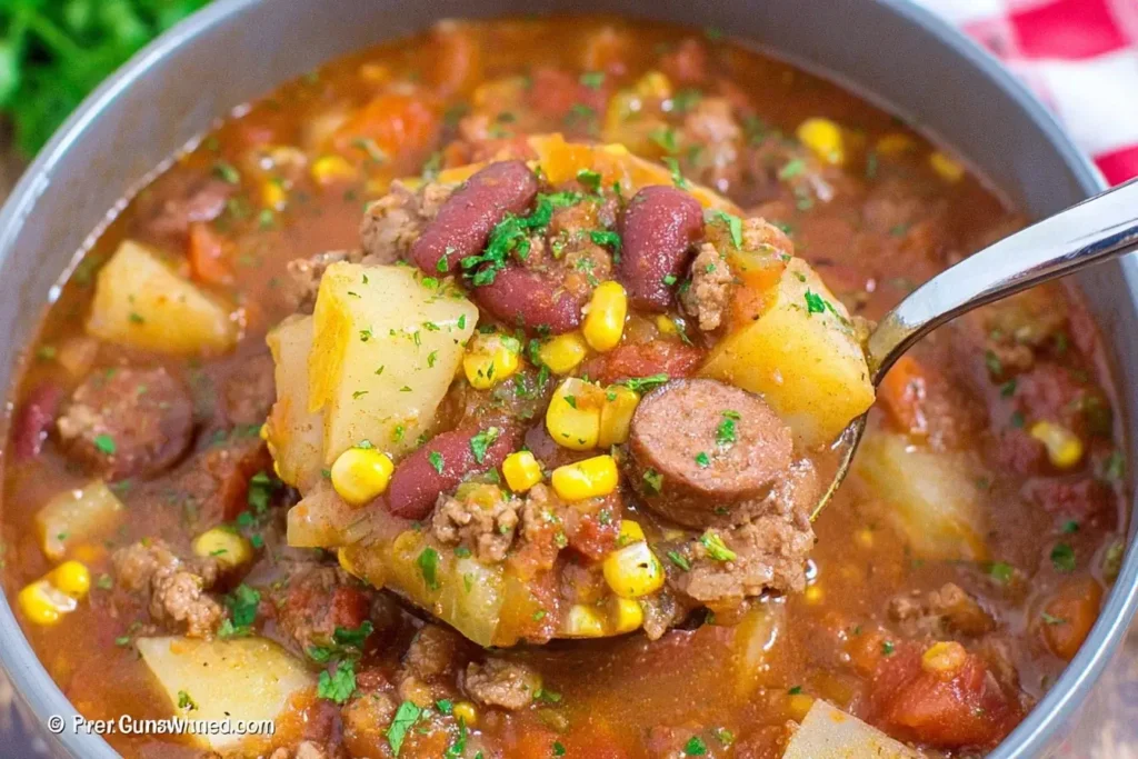 Close-up of hearty cowboy stew with sausage, potatoes, corn, beans, and ground beef in a rich tomato broth served in a spoon over a bowl.