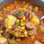 Close-up of hearty cowboy stew with sausage, potatoes, corn, beans, and ground beef in a rich tomato broth served in a spoon over a bowl.