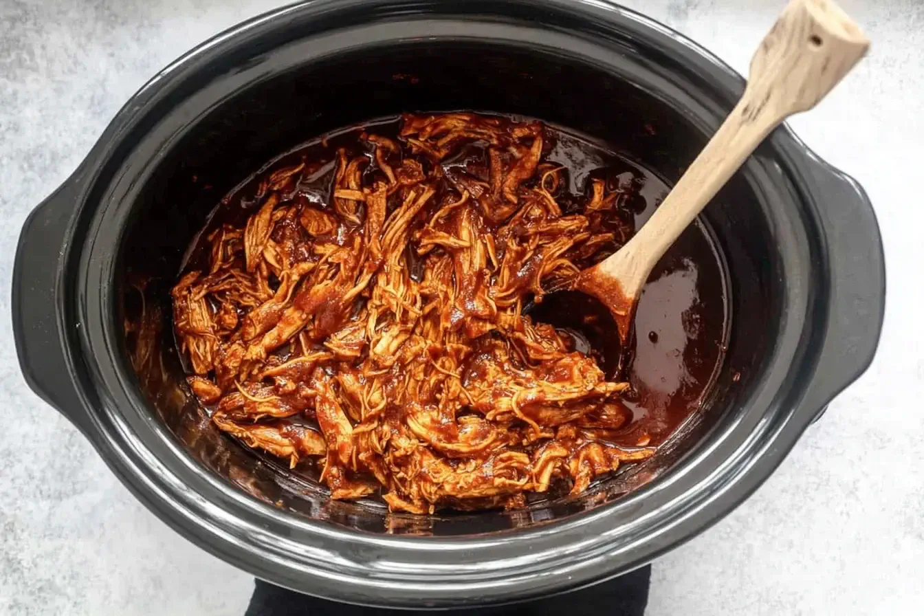 Slow Cooker Pulled BBQ Chicken shredded in rich barbecue sauce inside a black Crock-Pot with a wooden spoon.